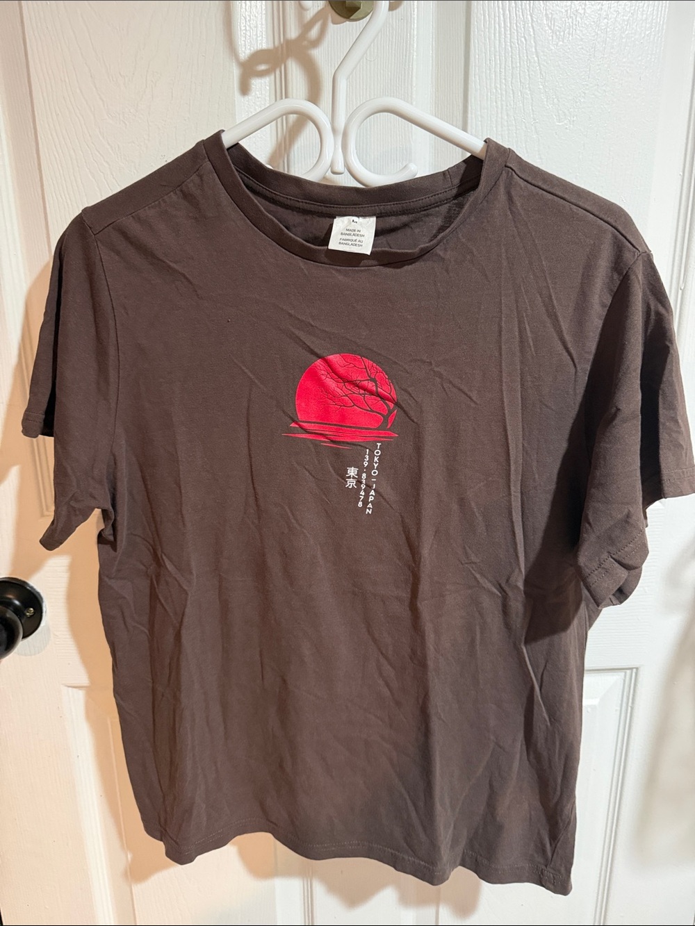 Men's Brown Short-Sleeve Graphic Tee with Red Sun Motif